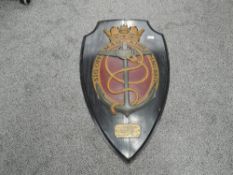 A Large WW2 Warship Week Plaque, painted cast iron plaque mounted onto wooden shield with engraved