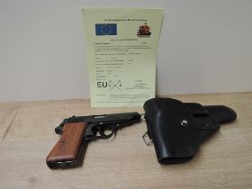 A German Walther 9mm Semi Automatic Deactivated Pistol, Serial Number 01505, marked on pistol 1001-