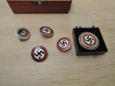 Five German Badges, DAP National Sozialistische, marked on reverse GES.GESCH AH 30 1 39, HJ Deuts