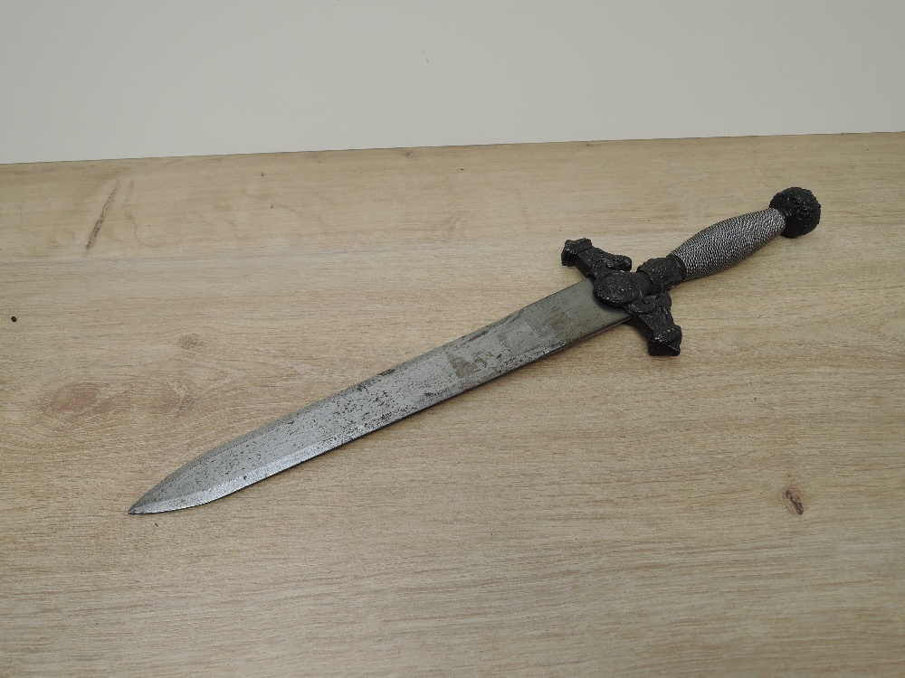 A Dagger, possibly Spanish, metal crossguard decorated with lion, crown pommel, broad blade, no