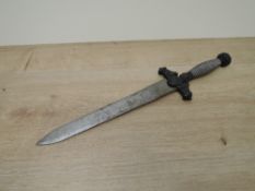 A Dagger, possibly Spanish, metal crossguard decorated with lion, crown pommel, broad blade, no
