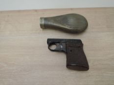 A Webley Sports Starting Pistol and a copper Powder Flask missing screw on nozzle