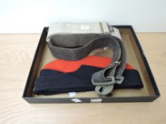 A Red and Black Military Forage Cap, Military Canvas Webbing Belt and a Leather Belt with a City