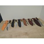 Six modern Bowie Knives all with leather scabbards including German, Pakistan, Japanese, Herbert