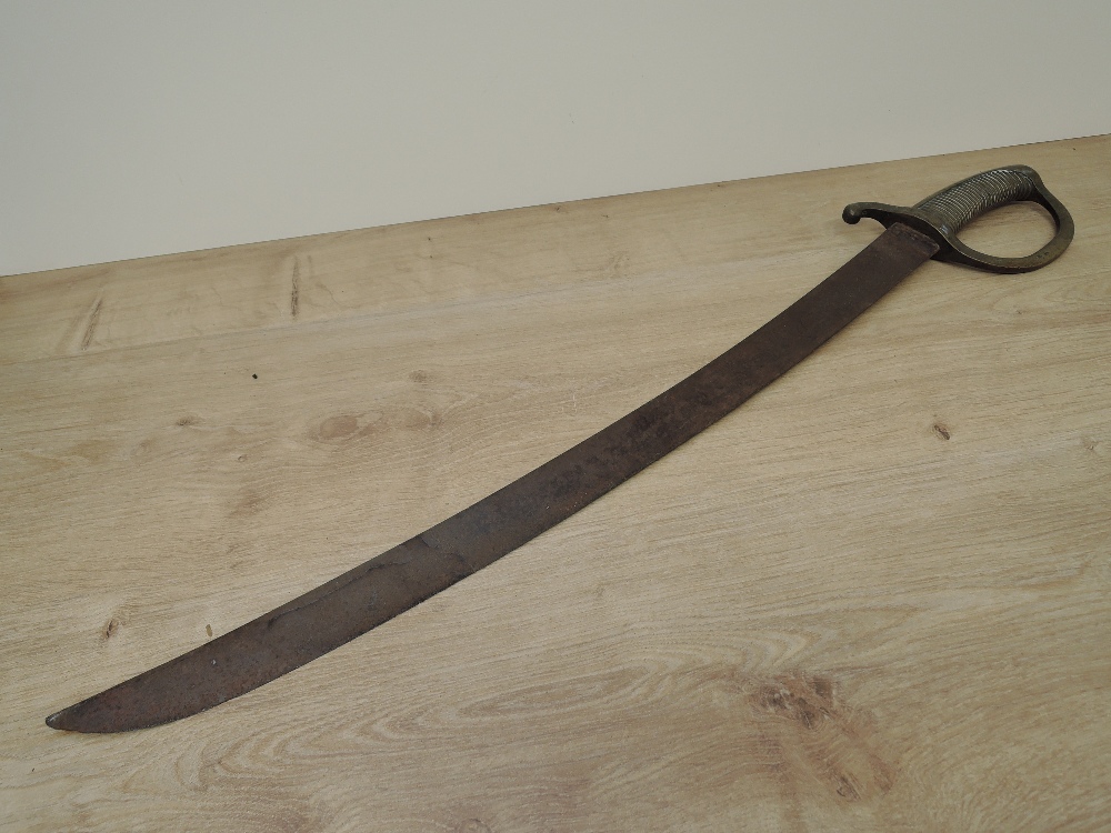 An Infantry Sword, possible 1800's with curved blade, solid brass handle and guard, blade marked but