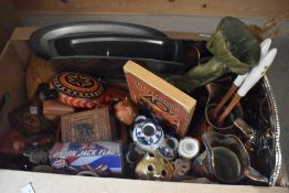 A miscellaneous selection of items including wooden bowls and serving spoons, water flask, boxes,