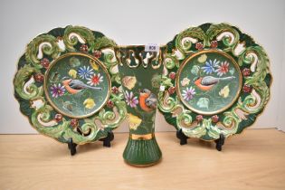 Two vintage HB (Hebert Bequet) Quaregon Belgium Majolica Collectable Plates and matching vase