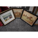 Two framed prints depicting scenes with the Old Mickadale Hunt, also included a Helen Bradley