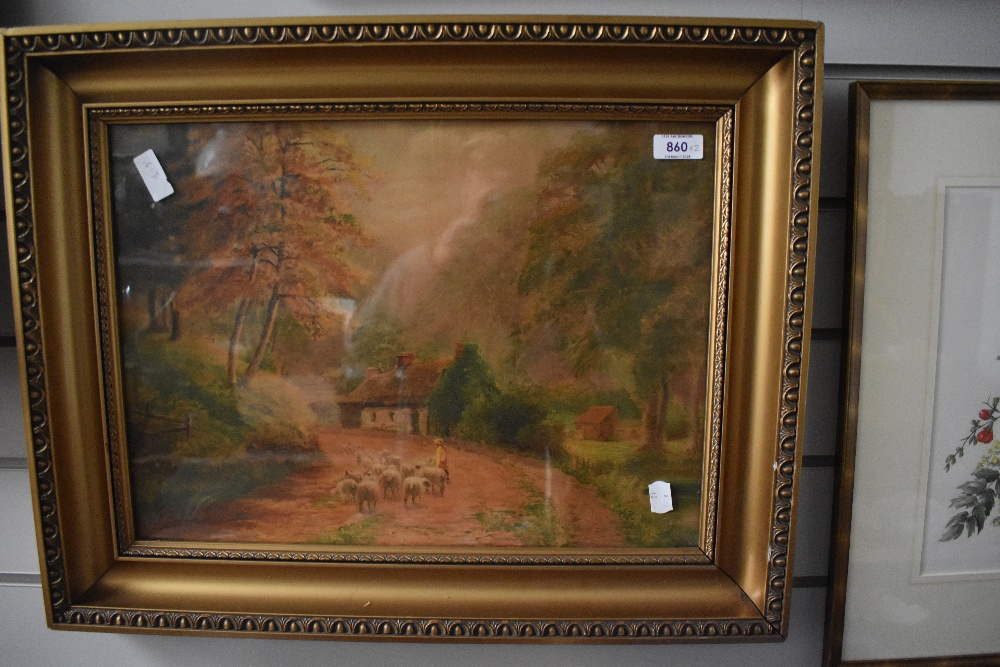 An early 20th polychrome print, rural cottage scene with droving sheep, gilt framed and glazed 57 - Image 2 of 2