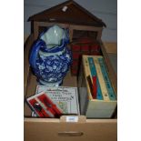 A miscellaneous selection of items including two thimble display boxes, a large blue and water