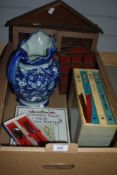 A miscellaneous selection of items including two thimble display boxes, a large blue and water
