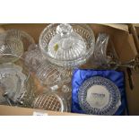 A carton of assorted cut glass and crystal items including rose bowls, basket and dishes etc.