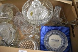 A carton of assorted cut glass and crystal items including rose bowls, basket and dishes etc.