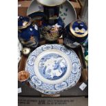 A Carlton Ware oriental vase and matching ginger jars (AF), eight blue and white plates etc.