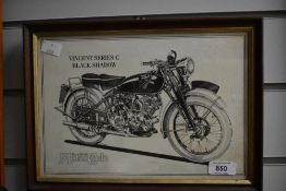 A 20th century monochrome print of a Vincent Series C Black Shadow Motorcycle.