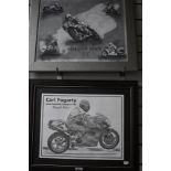 Isle of Man TT interest, two monochrome motorcycle racing prints, both framed