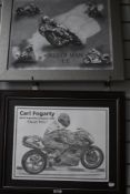 Isle of Man TT interest, two monochrome motorcycle racing prints, both framed