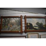 After R L Harvey (1888-1973) a coloured print depicting a hunting scene, rustically framed in oak