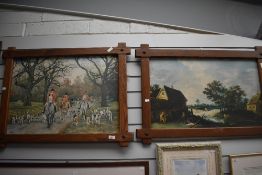 After R L Harvey (1888-1973) a coloured print depicting a hunting scene, rustically framed in oak