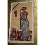 A 20th century African painted sand on canvas artwork, depicting ethnic food preparation, 98.5 x 67