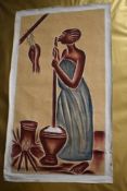 A 20th century African painted sand on canvas artwork, depicting ethnic food preparation, 98.5 x 67