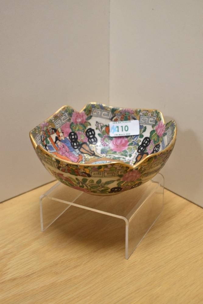 A 1920s Chinese Famille rose porcelain medallion bowl, having cut corners, gilt heightening and