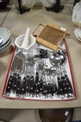 A Chinese bamboo ginger grater, small ceramic pestle and mortar and a selection of flatware and