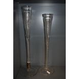 A pair of 19th Century etched glass table centres with air twist stems, the largest measures 72cm