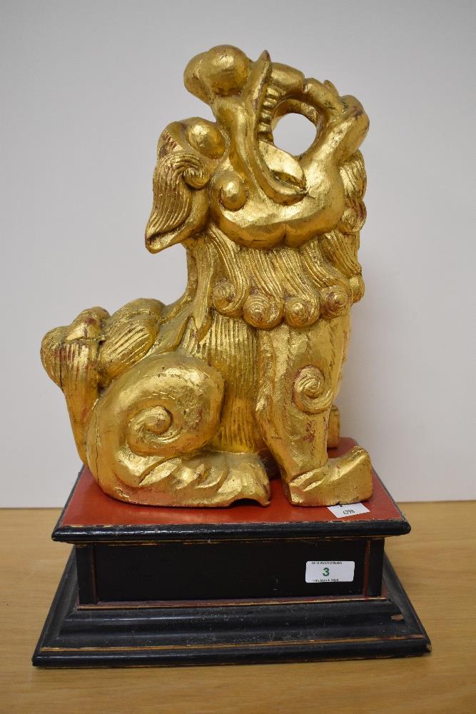 A Chinese gilt wood carved Foo Dog sculpture on stepped and ebonised base, measuring 40cm tall