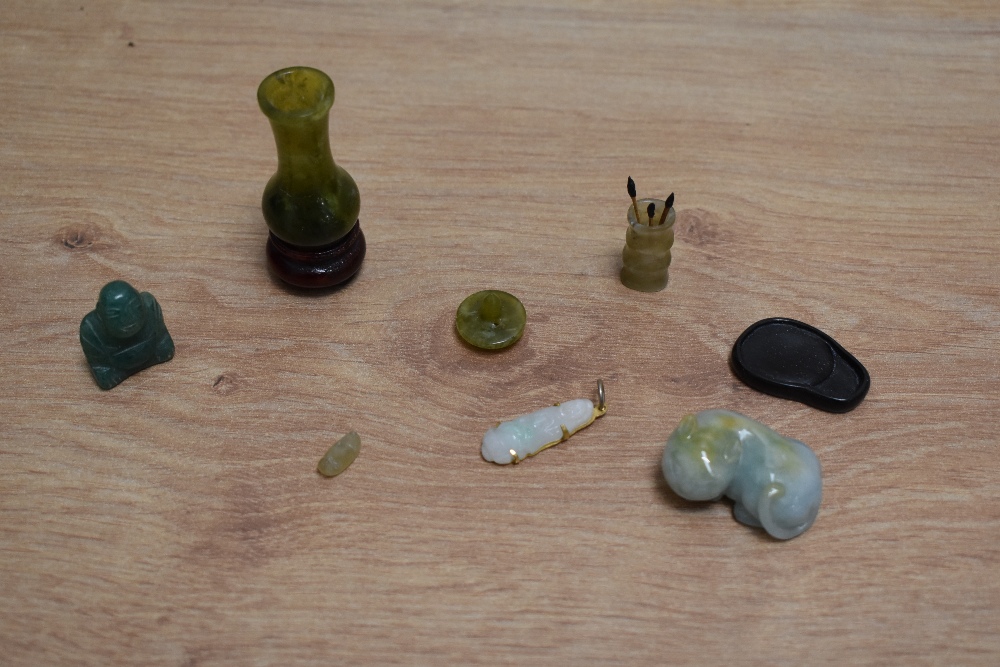 A collection of carved Chinese green stone items, to include; sleeping cat, vase, pendant, bamboo s - Image 2 of 13