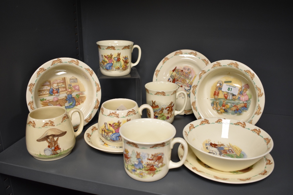 Eleven pieces of Royal Doulton bone china 'Bunnykins' series child or infant wares, baby plates,