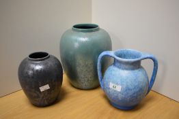A early/mid 20th century art pottery twin-handled vase with mottled blue glaze, marked 37 Made in
