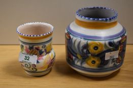 A 1930s Carter, Stabler, & Adams Poole pottery vase, measuring 12cm tall, and another