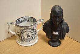 A Wedgwood black basalt Parian ware style bust of John Wesley, sold together with a Victorian two-