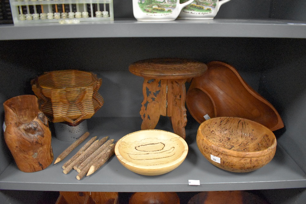 A selection of turned and carved wooden bowls and stands, to include carved eastern table/stand - Image 2 of 3