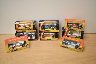 Eight Corgi die-casts, Whizzwheels 150 Surtees TS9 F1 Racing Car, 151 Yardley McLaren M19A F! Racing