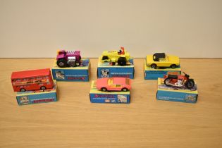 Six 1970-72 Matchbox die-casts, No6 Mercedes 350SL, No17 The Londoner, No18 Hondarora, No20