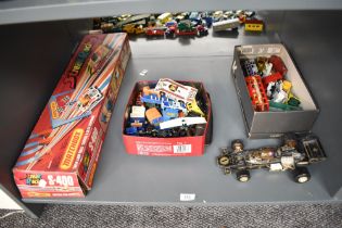 A shelf of playworn die-casts including Corgi, Matchbox etc also a Matchbox Streak Racing Win Loop