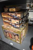 Eight International Hobby Corp plastic kits, Homes of Yesterday and Today, all appear unmade along