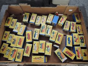 A box of playworn Matchbox die-casts, all with hand painted wheels, all boxes missing flaps or