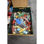 A box of playworn die-casts including, Dinky, Corgi, Britains, Matchbox and similar