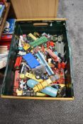 A box of playworn die-casts including, Dinky, Corgi, Britains, Matchbox and similar