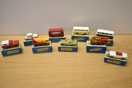 Nine 1969-71 Matchbox Lesney and Superfast die-casts, No 5 London Bus, No 15 Volswagen, No 6 Ford