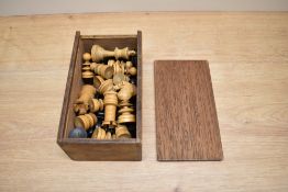 A part turned wooden Chess Set of Staunton or Jaques type, King height 7cm, in wooden box with