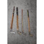 Nine Hickory Shafted vintage Golf Clubs, J A Steer Blackpool x4, Putter, Mashie and two mid Irons,