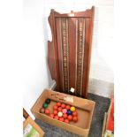 A vintage wooden Billiard Scoreboard named Burnley Billiard Works Rosegrove, Lancs along with a