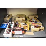 A shelf of modern diecasts, Corgi Classics x 10, Wagons and Buses, First Gear Fire Dozer x2, First