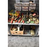 Two shelves of 00 gauge including Hornby Dublo, Tri-ang, Hornby etc, Rolling Stock, Accessories