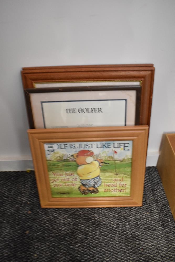 Four Golfing framed and glazed prints, Jim Bateman, The Colonel and Caddy, The Woman Hater, Gary