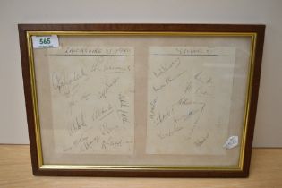 A 1950 Cricket Match framed signed pages, Lancashire XI vs Yorkshire XI Cricket Teams signed